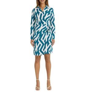 Donna Morgan Womens Teal Cream Striped Long Sleeve Wrap Shirt Dress Sz 10 New